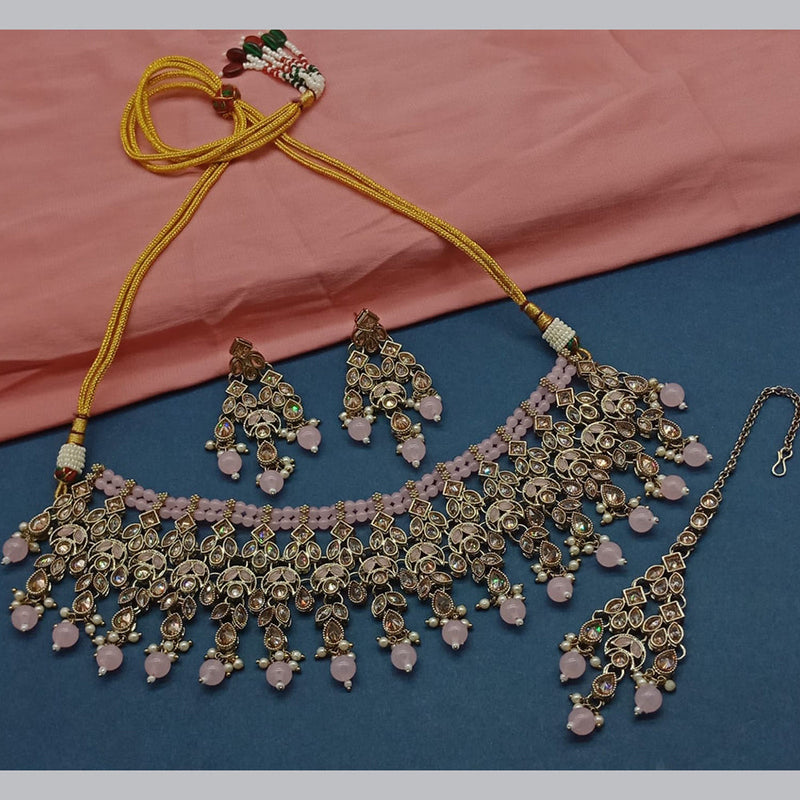 India Art Gold Plated Crystal Stone And Pearls Choker Necklace Set