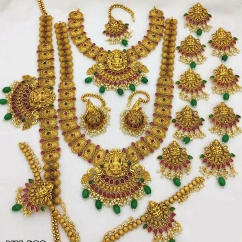 India Art Gold Plated Brass Based Matt Finished Temple Bridal set