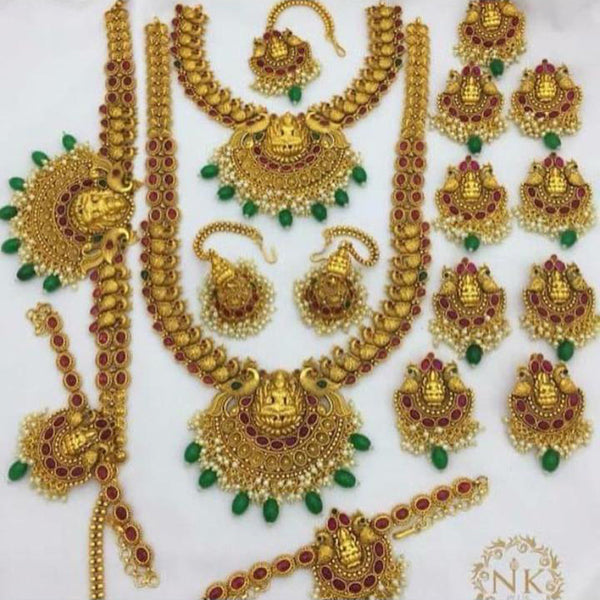 India Art Gold Plated Brass Based Matt Finished Temple Bridal set