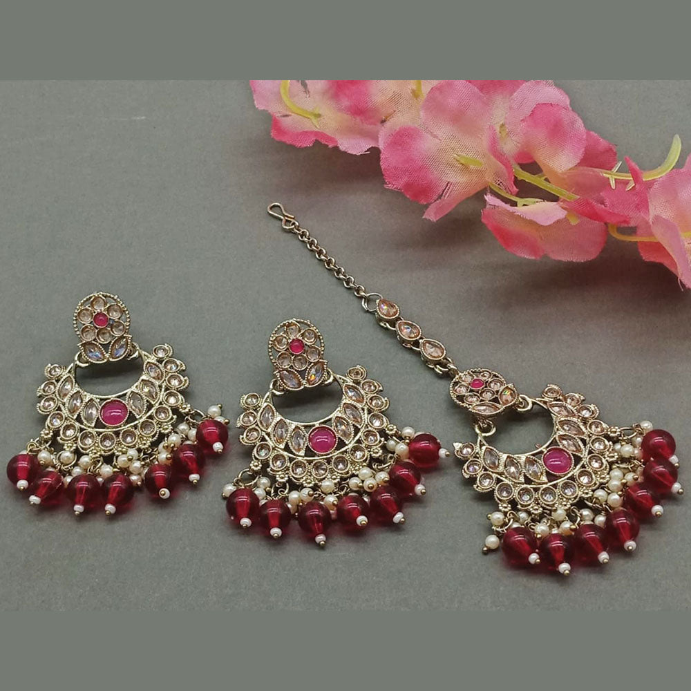 India Art Gold Plated Crystal Stone Earrings With Maangtikka