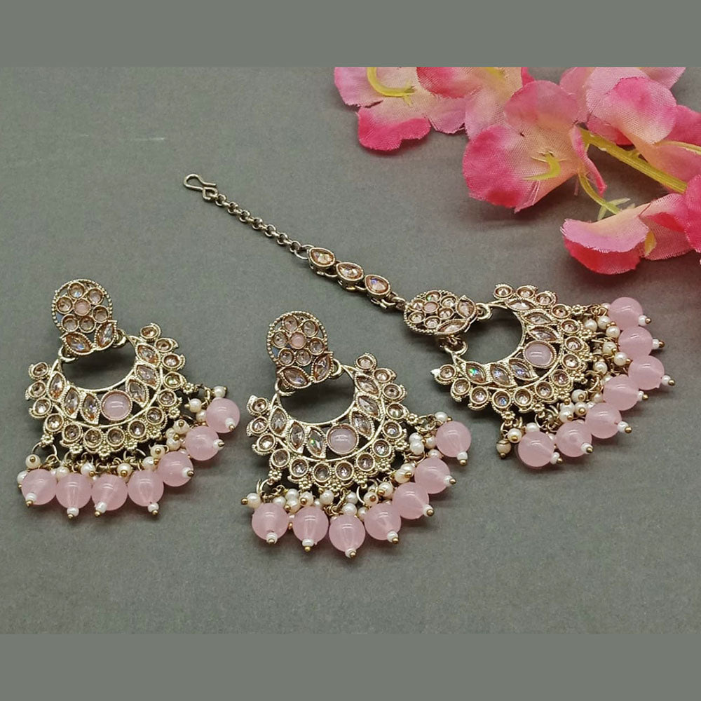 India Art Gold Plated Crystal Stone Earrings With Maangtikka