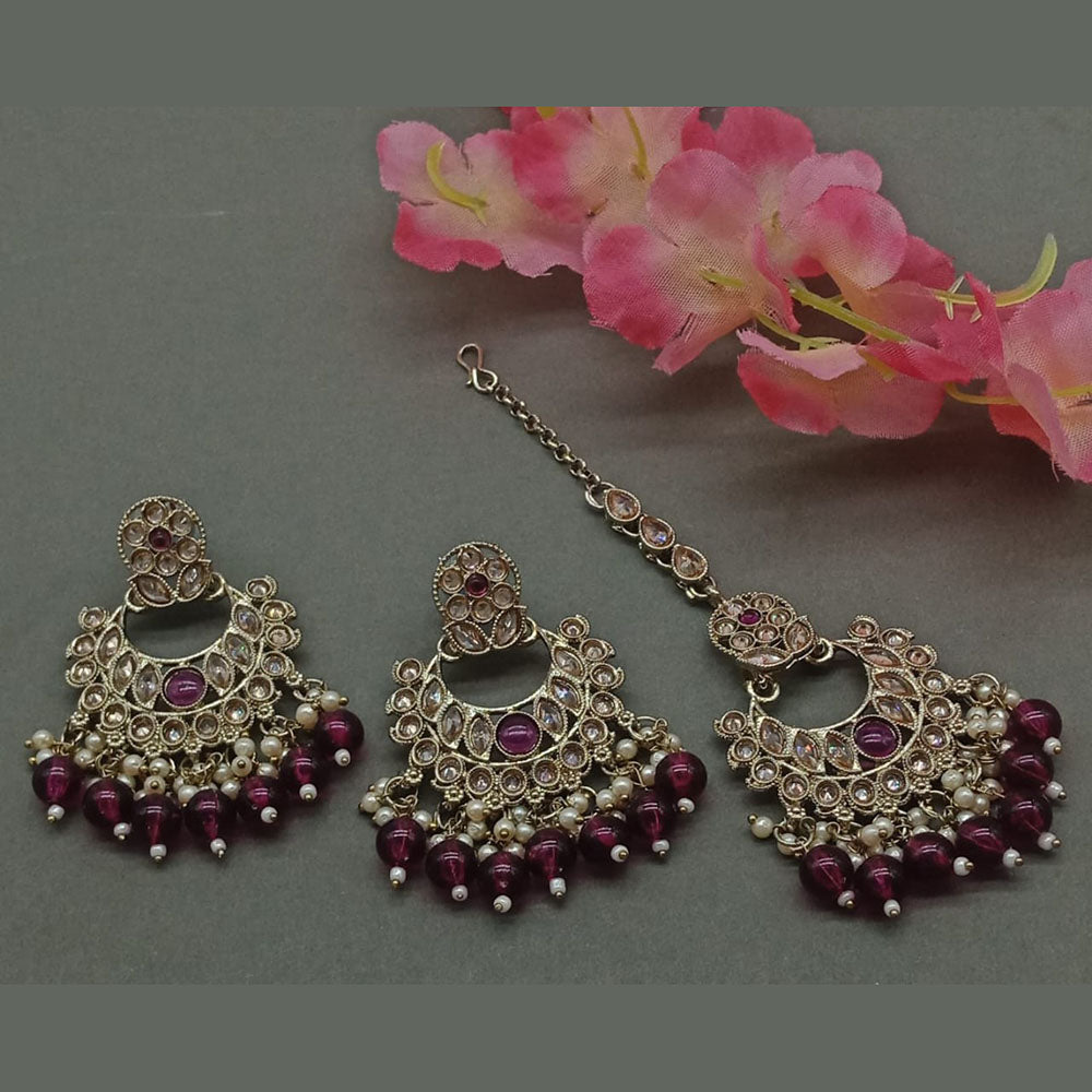 India Art Gold Plated Crystal Stone Earrings With Maangtikka