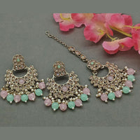 India Art Gold Plated Crystal Stone Earrings With Maangtikka