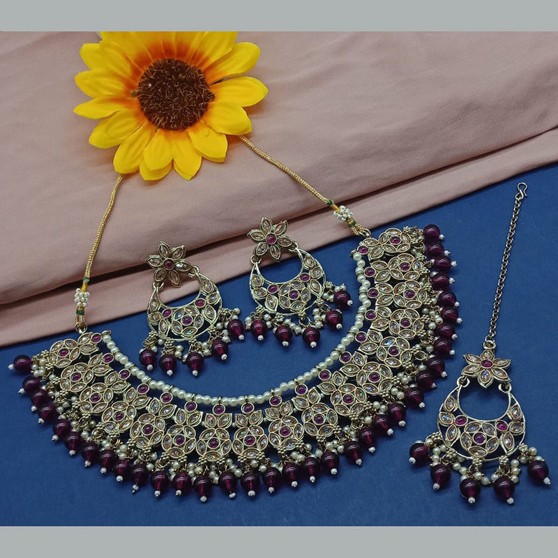 India Art Gold Plated Crystal Stone And Beads Necklace Set