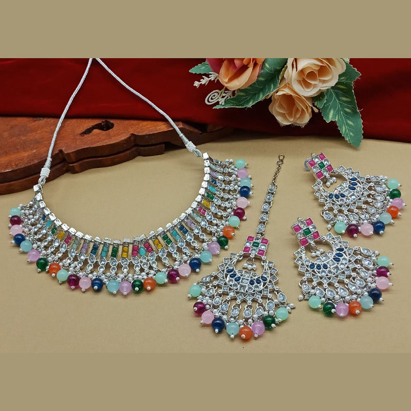 India Art Silver Plated Crystal Stone And Beads Necklace Set