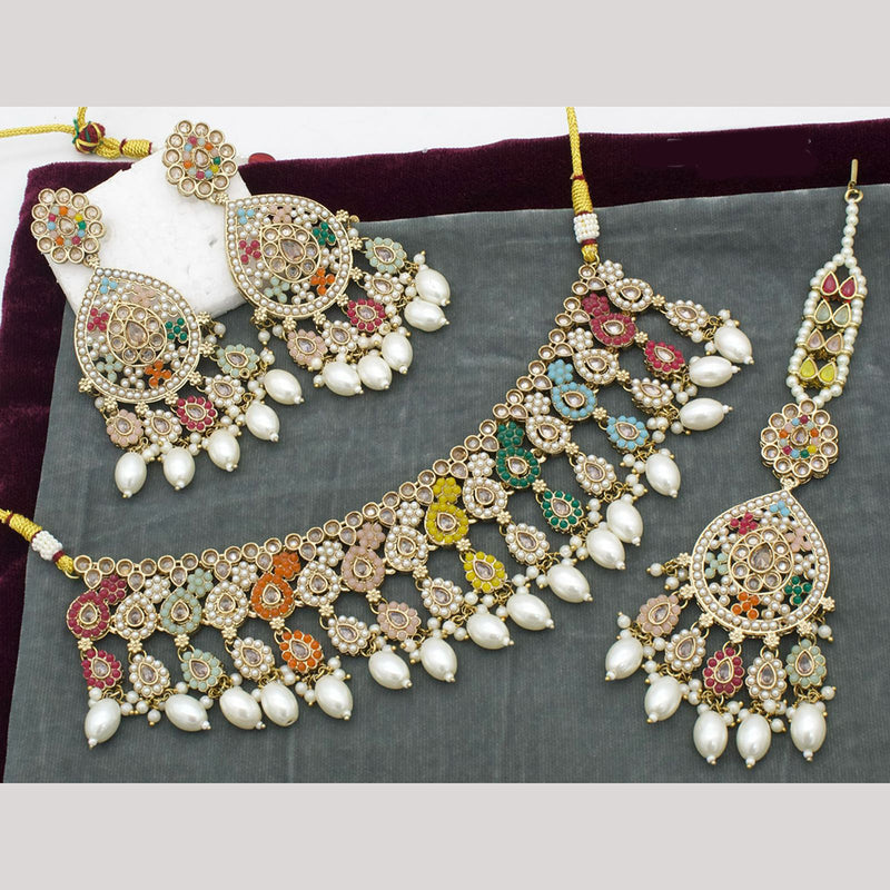 India Art Gold Plated Pota Stone And Pearl Necklace Set