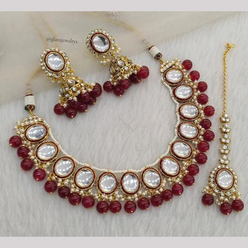 India Art Gold Plated Kundan Pearl And Beads  Necklace Set