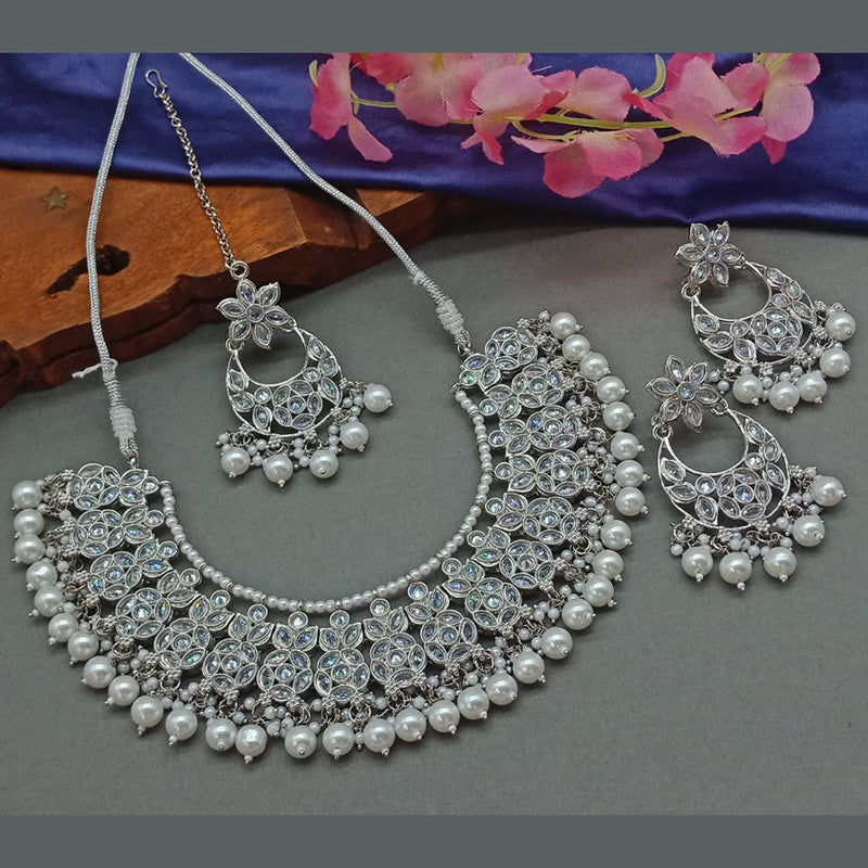 India Art Silver Plated Crystal Stone And Pearls Necklace Set