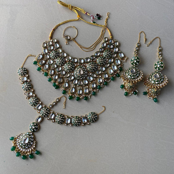 India Art Gold Plated Kundan Stone And Beads Semi Bridal Necklace set