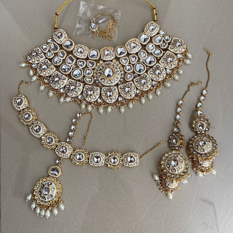 India Art Gold Plated Kundan Stone And Beads Semi Bridal Necklace set