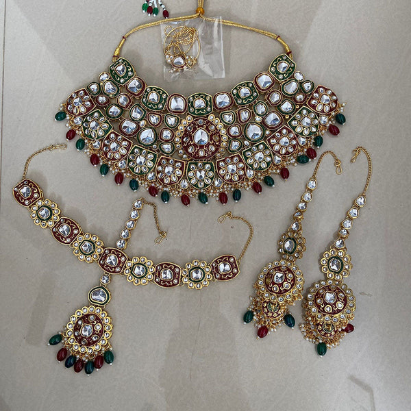 India Art Gold Plated Kundan Stone And Beads Semi Bridal Necklace set