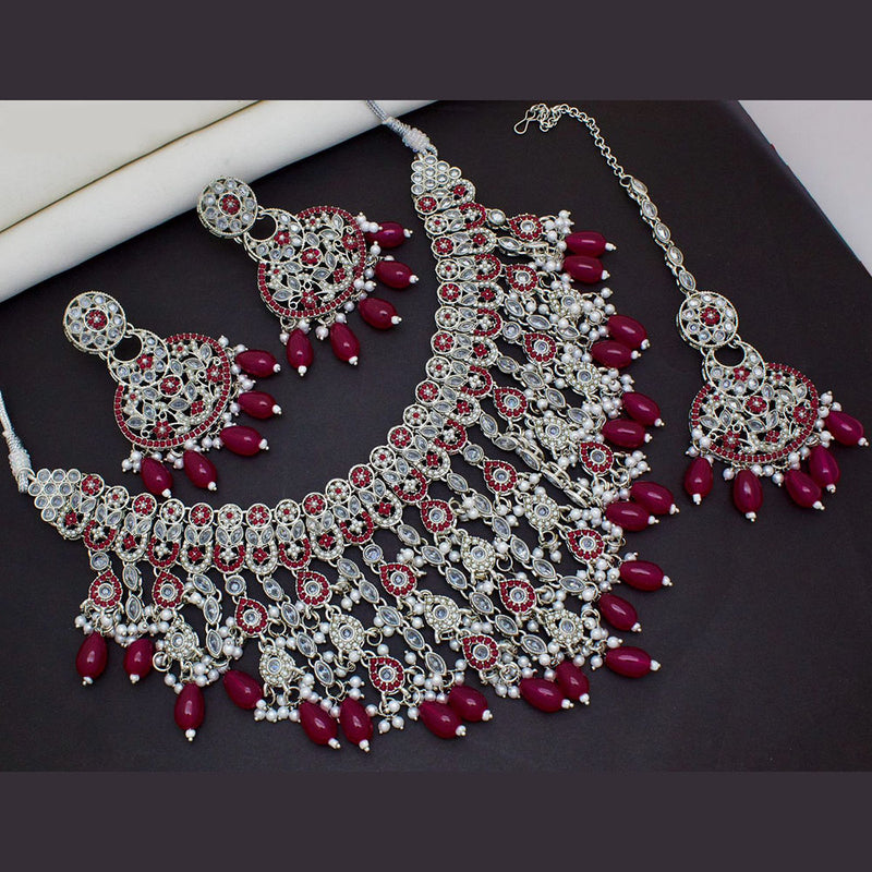 India Art Silver Plated Crystal Stone And Beads Necklace Set