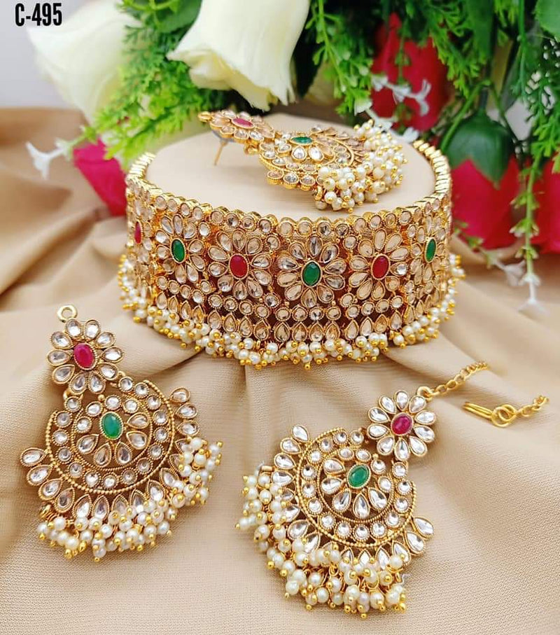 India Art Gold Plated Crystal Stone And Pearls Choker Necklace Set