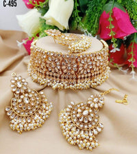 India Art Gold Plated Crystal Stone And Pearls Choker Necklace Set