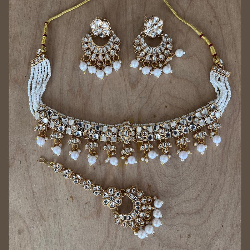 India Art Gold Plated Kundan Stone And Pearls Choker Necklace Set