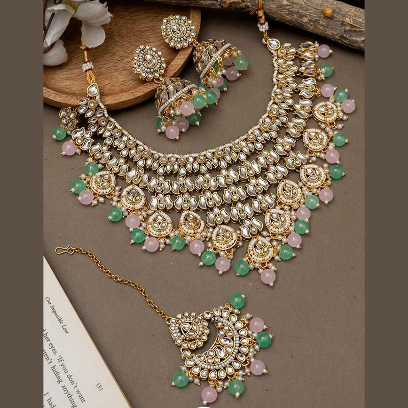 India Art Gold Plated Kundan Stone And Pearls Choker Necklace Set