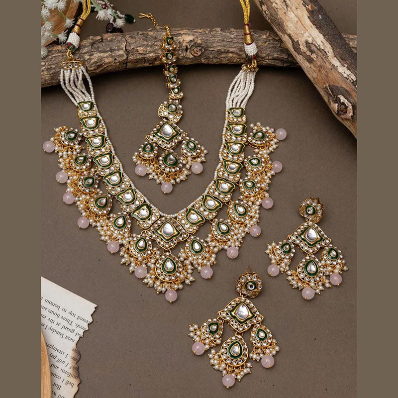 India Art Gold Plated Kundan Stone And Pearls Choker Necklace Set