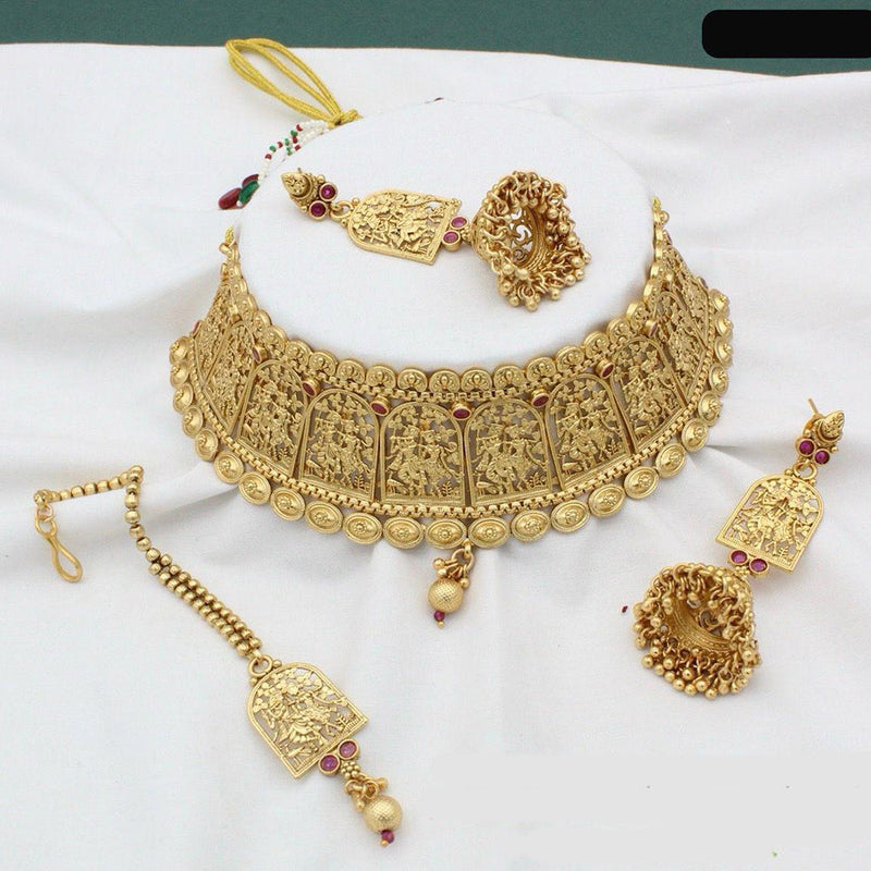 India Art Gold Plated Pota Stone And Beads Temple Choker Necklace Set