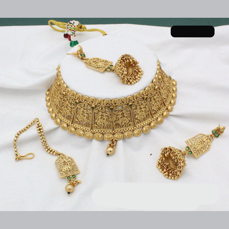 India Art Gold Plated Pota Stone And Beads Temple Choker Necklace Set