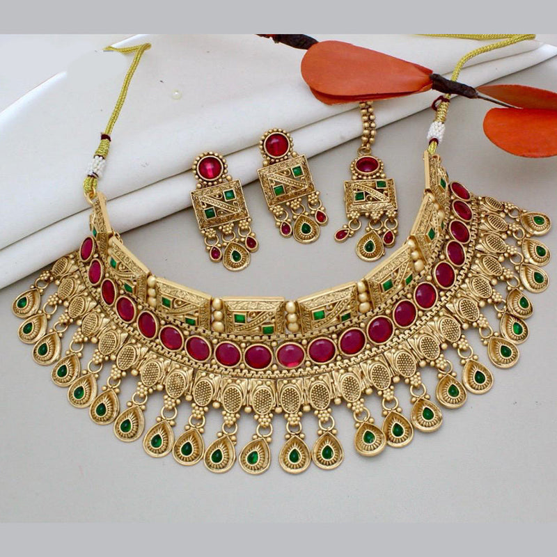 India Art Gold Plated Pota Stone And Beads Choker Necklace Set