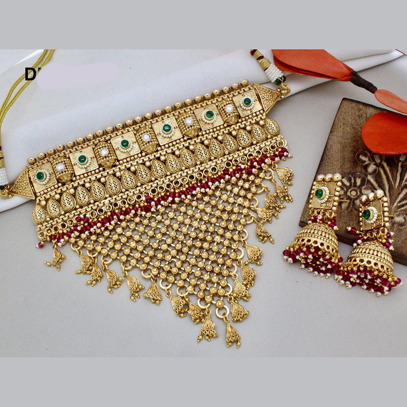 India Art Gold Plated Pota Stone And Beads Choker Necklace Set