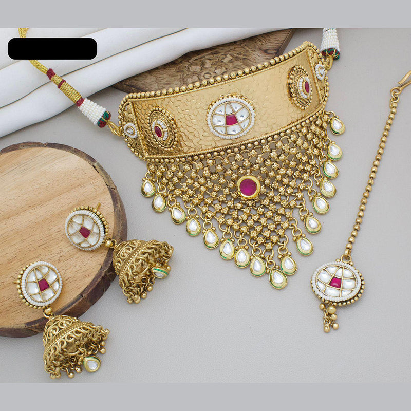 India Art Gold Plated Pota Stone And Beads Choker Necklace Set