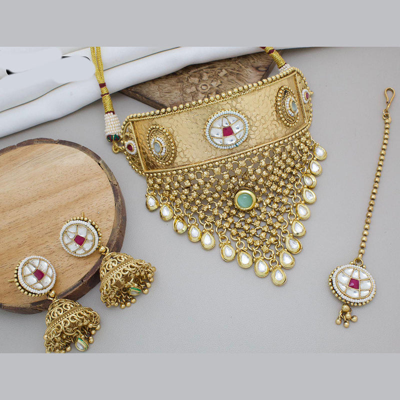 India Art Gold Plated Pota Stone And Beads Choker Necklace Set