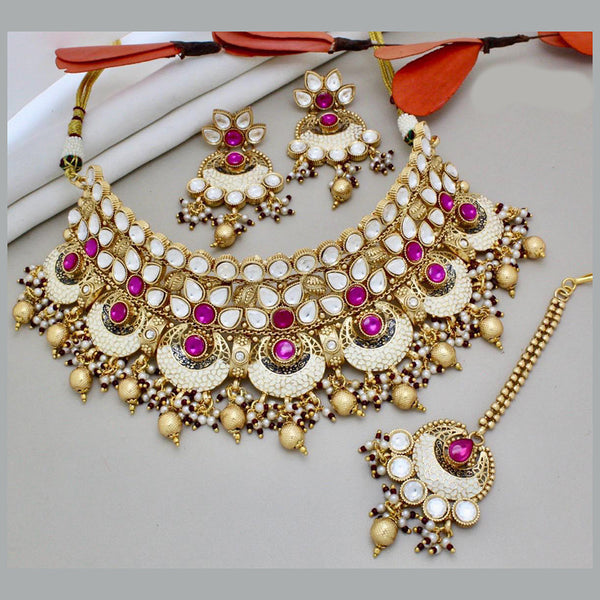 India Art Gold Plated Pota Stone And Beads Choker And Meenakari Necklace Set