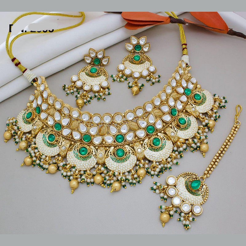 India Art Gold Plated Pota Stone And Beads Choker And Meenakari Necklace Set