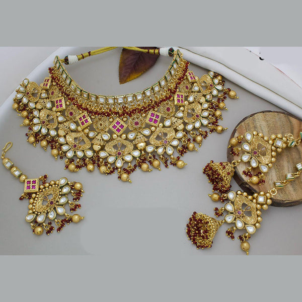 India Art Gold Plated Pota Stone And Beads Choker Necklace Set