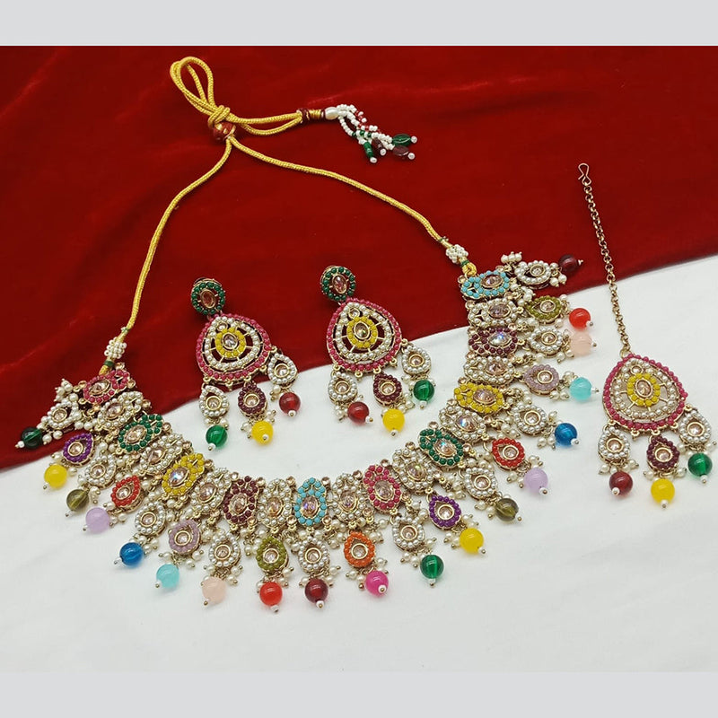 India Art Gold Plated Crystal Stone And Pearls Necklace Set