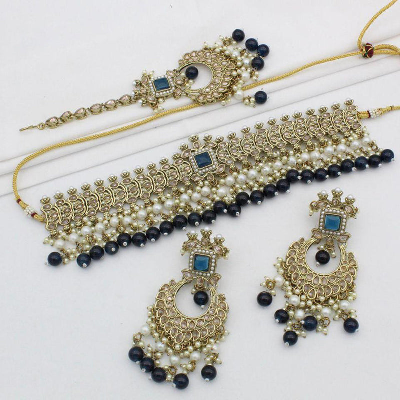 India Art Gold Plated Crystal Stone And Pearls Choker Necklace Set