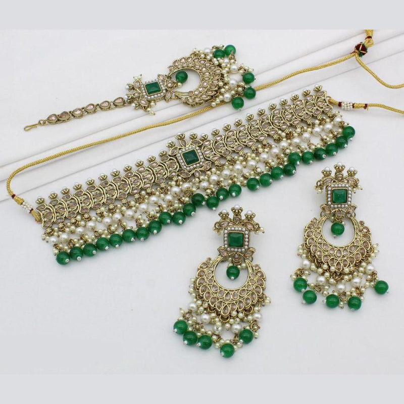 India Art Gold Plated Crystal Stone And Pearls Choker Necklace Set