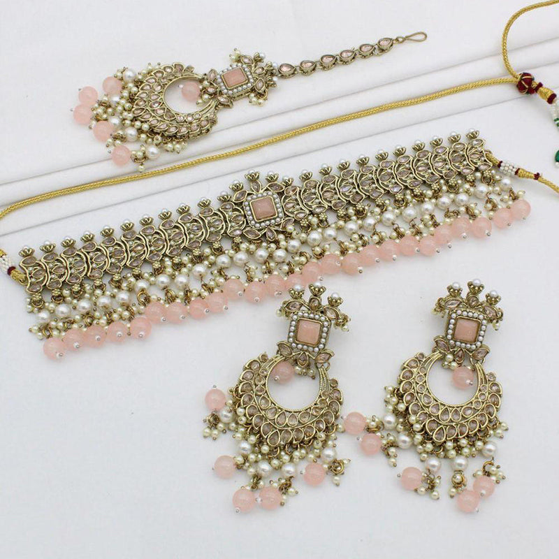 India Art Gold Plated Crystal Stone And Pearls Choker Necklace Set