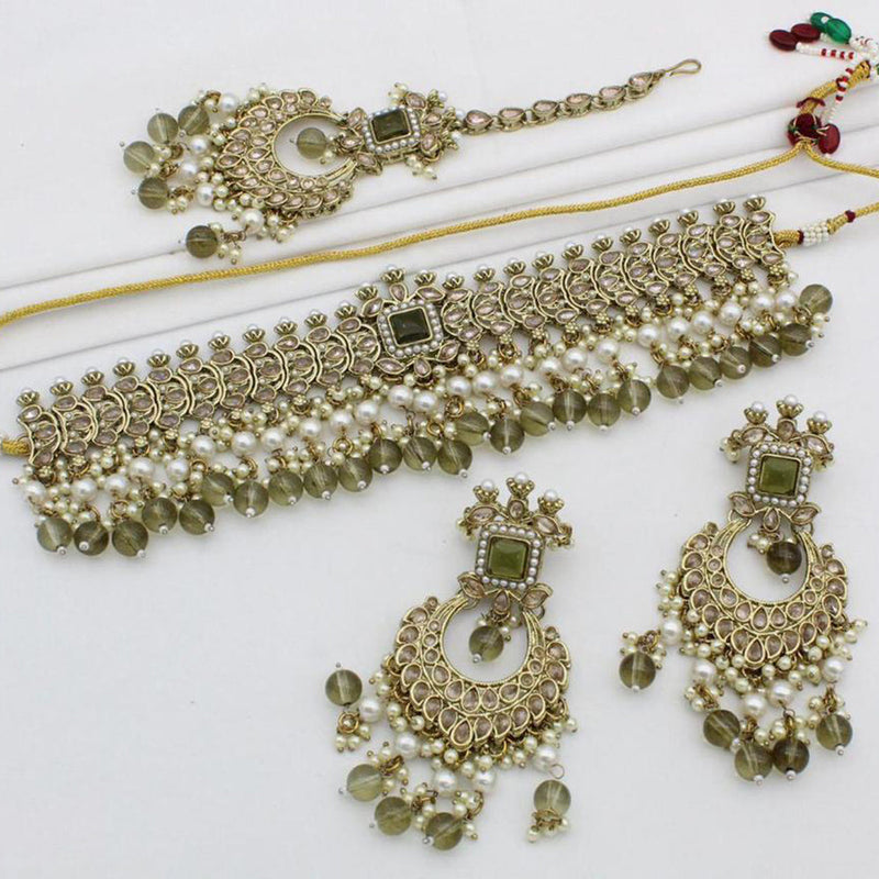 India Art Gold Plated Crystal Stone And Pearls Choker Necklace Set