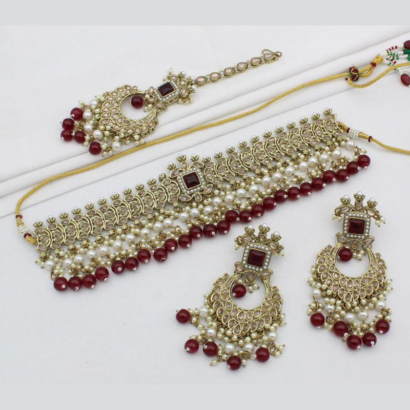 India Art Gold Plated Crystal Stone And Pearls Choker Necklace Set