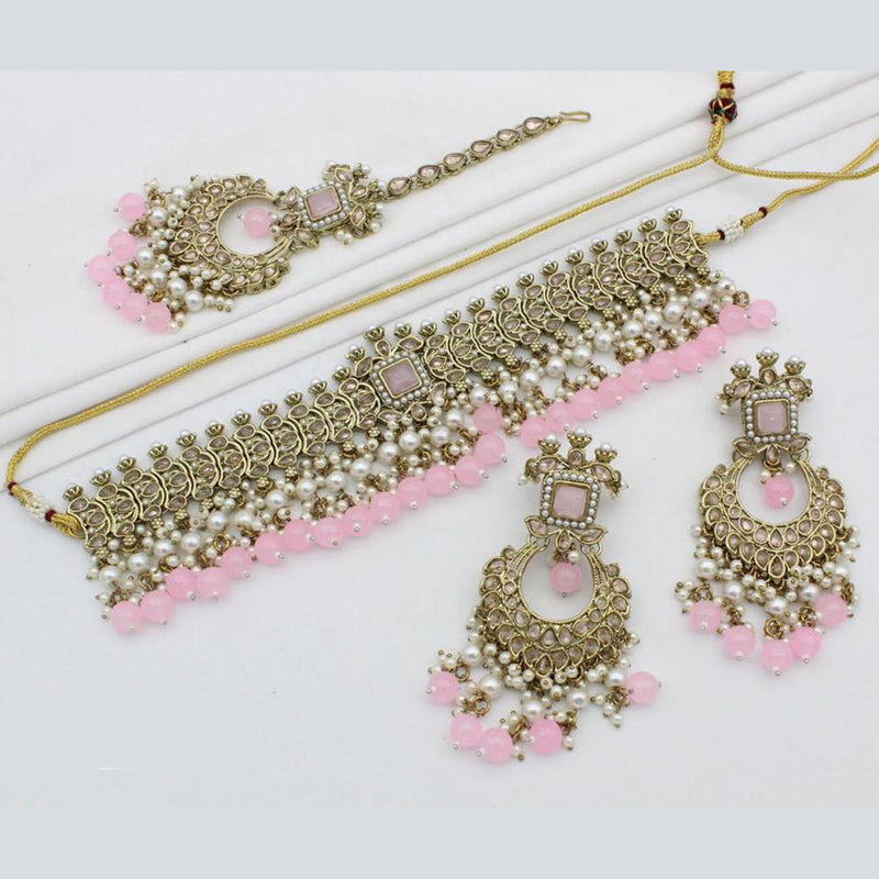 India Art Gold Plated Crystal Stone And Pearls Choker Necklace Set