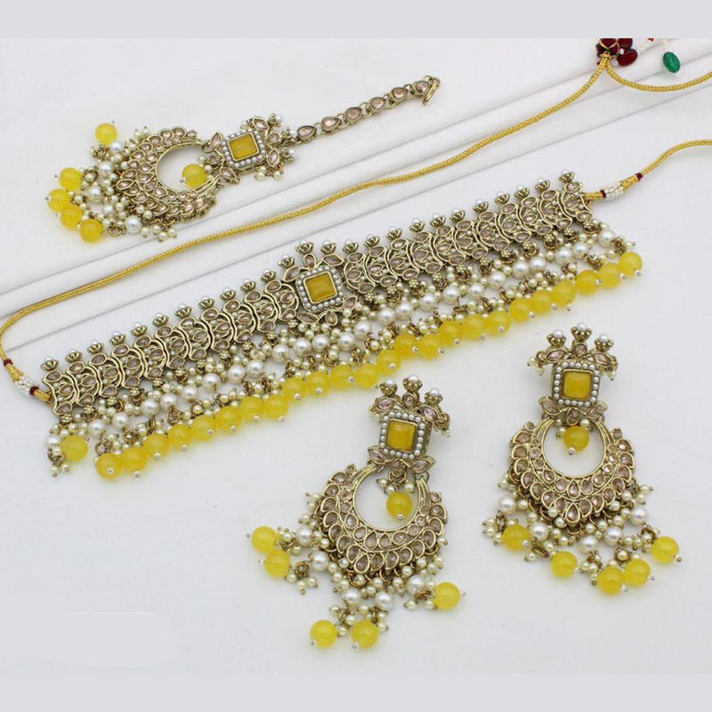 India Art Gold Plated Crystal Stone And Pearls Choker Necklace Set