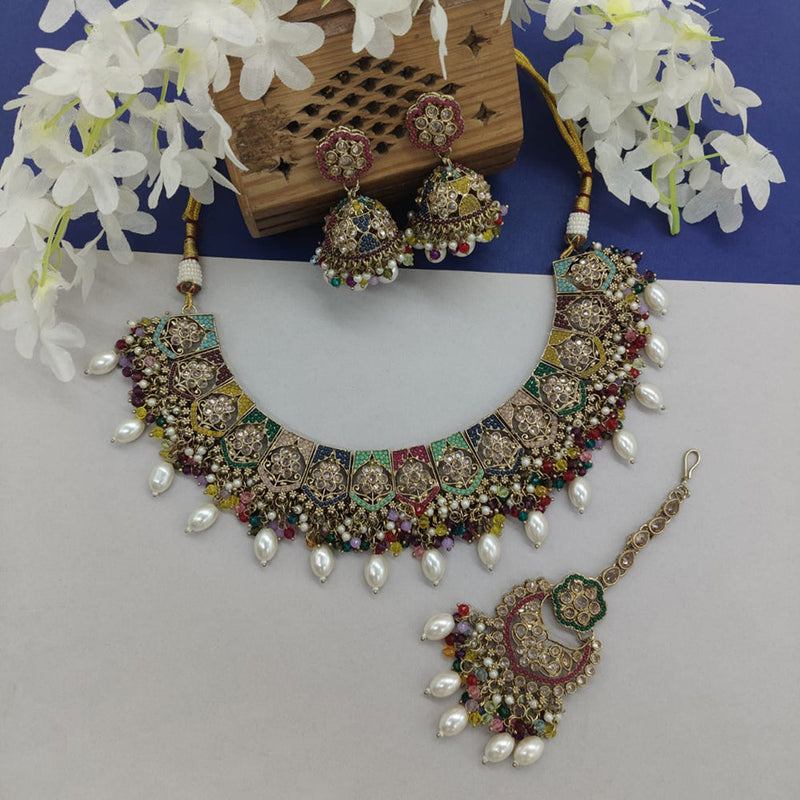 India Art Gold Plated Crystal Stone And Pearls Necklace Set