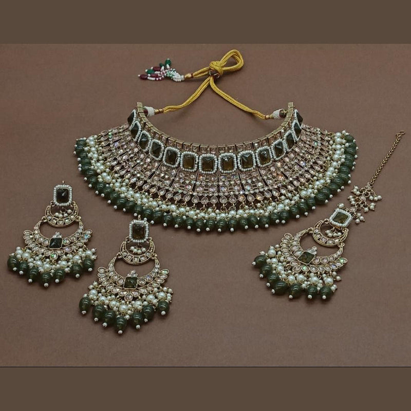 India Art Gold Plated Crystal Stone And Pearls Choker Necklace Set