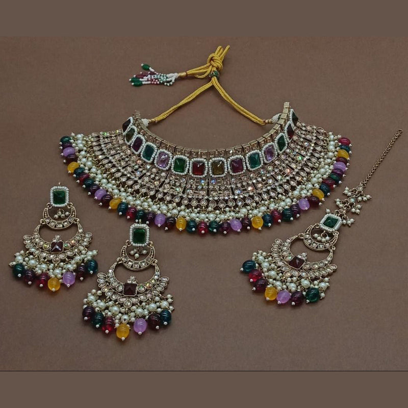 India Art Gold Plated Crystal Stone And Pearls Choker Necklace Set