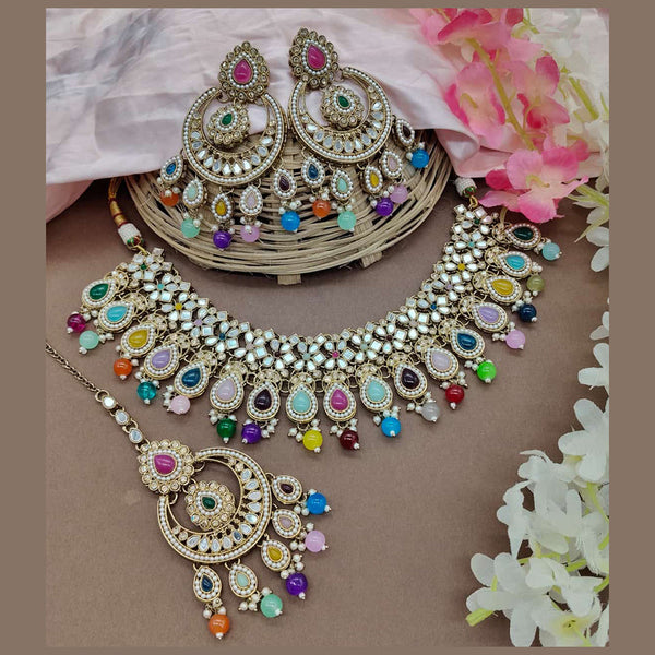 India Art Gold Plated  Pota Stone  Beads And Mirror Necklace Set