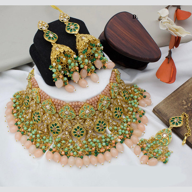 India Art Gold Plated  Kundan Stone And Beads Meenakari Choker Necklace Set