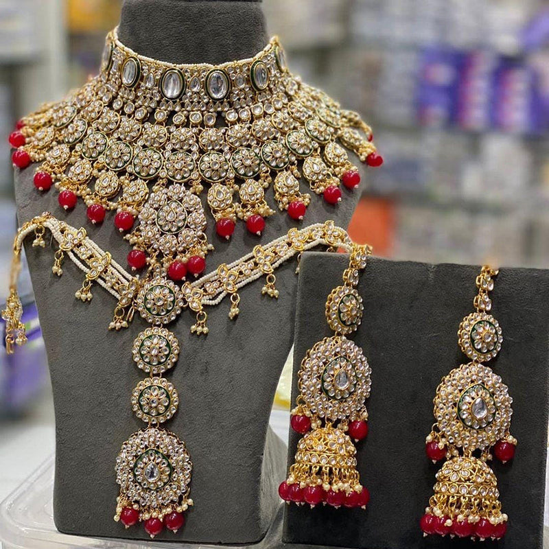 India Art Gold Plated  Kundan Stone And Beads Meenakari Choker Necklace Set