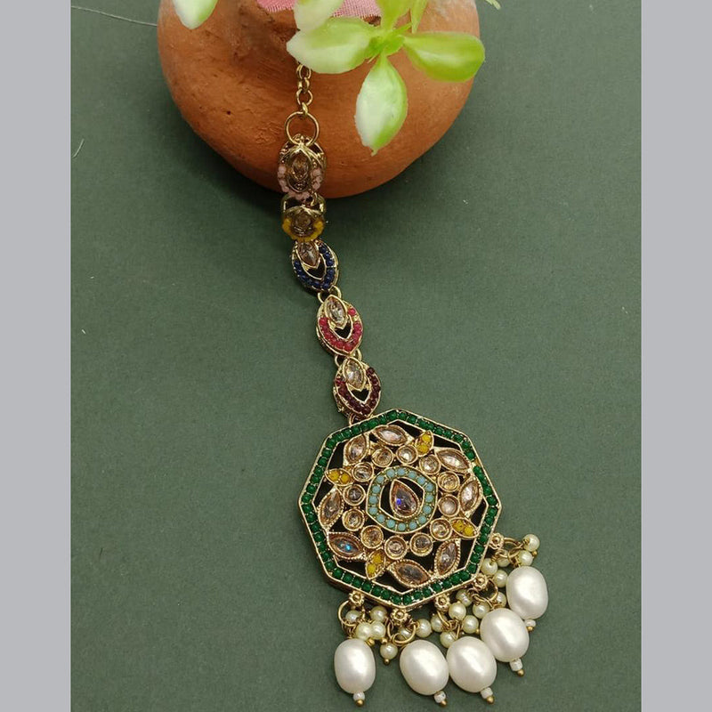 India Art Gold Plated Crystal Stone And Pearls Maangtikka