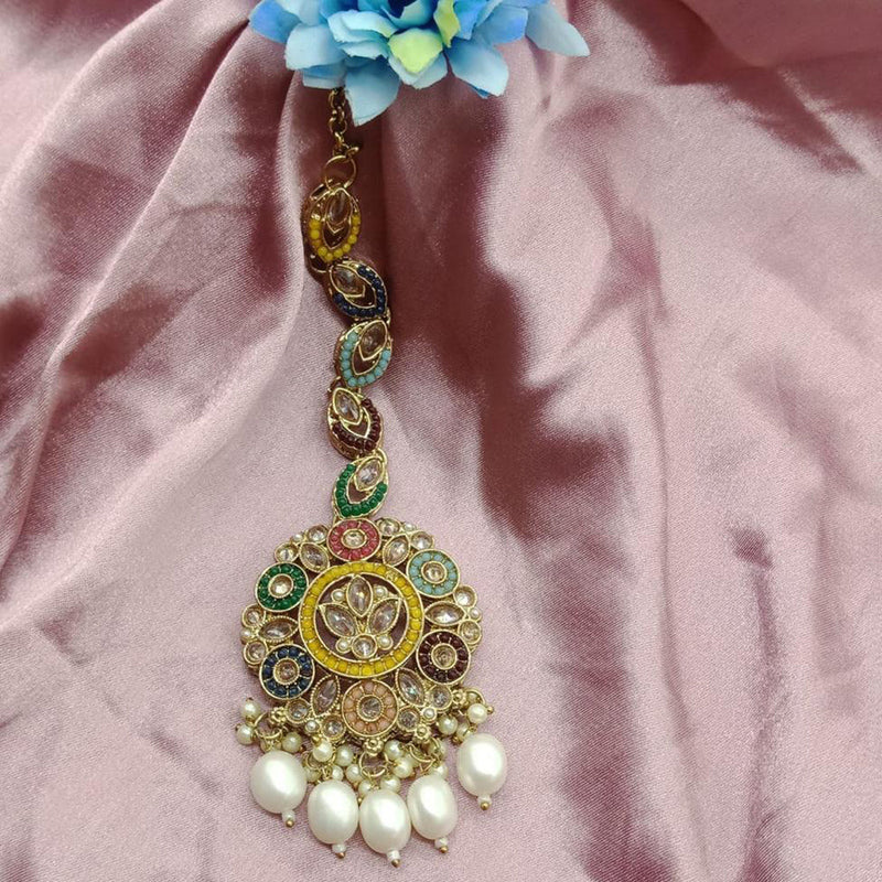 India Art Gold Plated Crystal Stone And Pearls Maangtikka