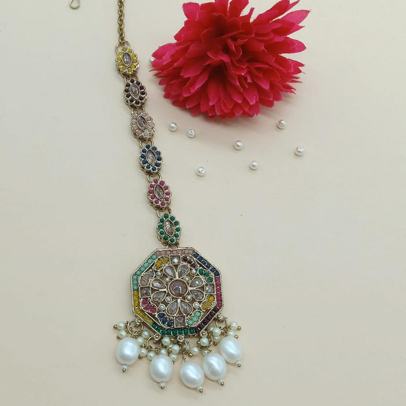 India Art Gold Plated Crystal Stone And Pearls Maangtikka