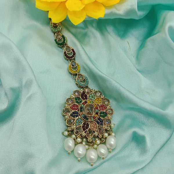 India Art Gold Plated Crystal Stone And Pearls Maangtikka