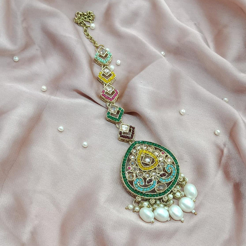 India Art Gold Plated Crystal Stone And Pearls Maangtikka