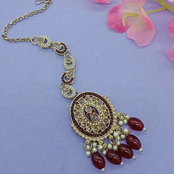 India Art Gold Plated Crystal Stone And Pearls Maangtikka